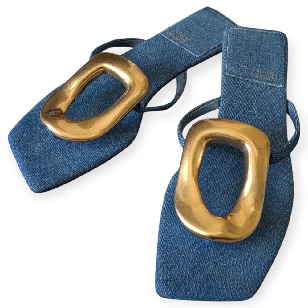 Jeffrey Campbell Linques 2 Flip Flop in Blue Denim Gold Size 7.5 Thong Sandals